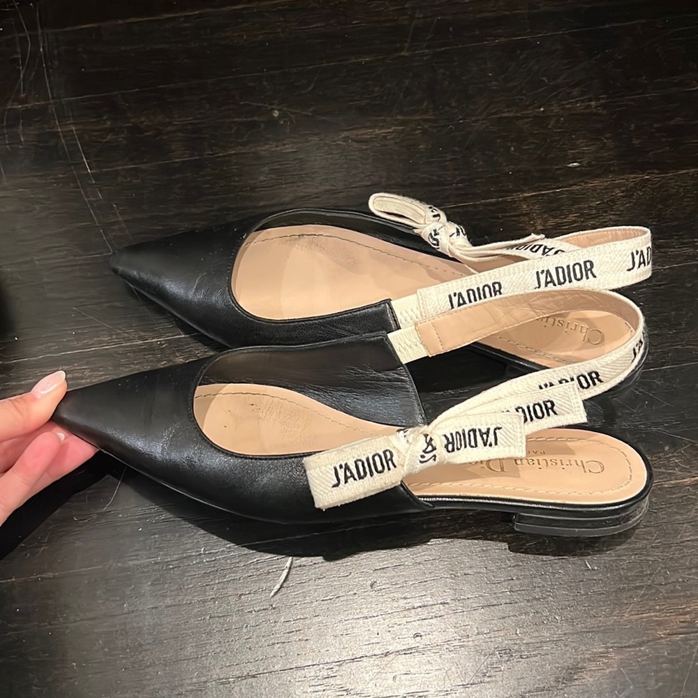Christian Dior ribbon slingback ballerina flat 38.5. Black leather.